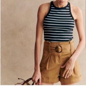 Sezane Rome Caramel High Waist Shorts Women’s Size 2 US Belted Pleated Paperbag